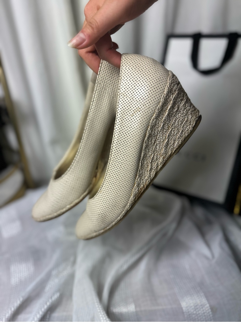 Vintage 90s Y2K Bally Nude Perforated Leather Pumps Espadrille Wedge